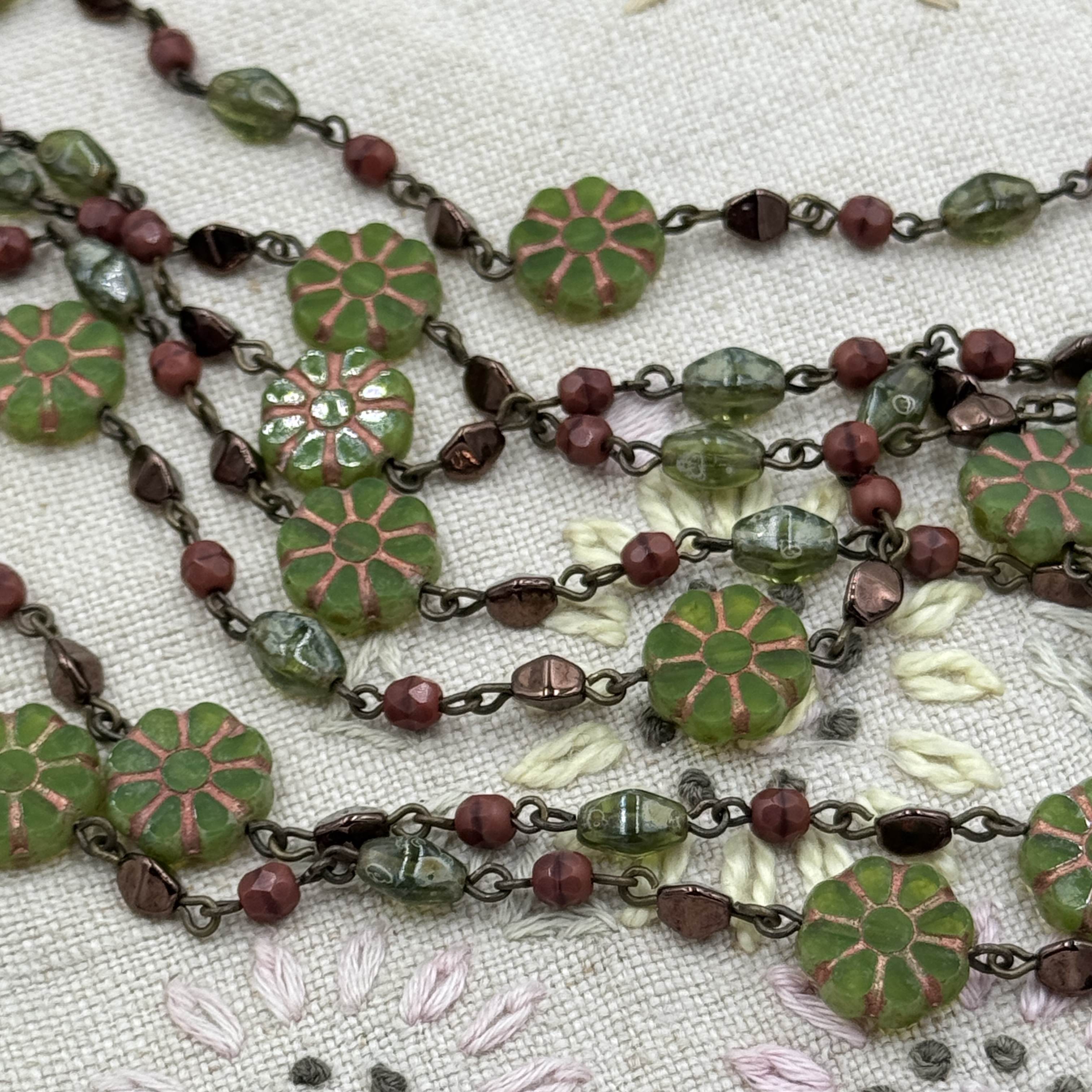 Czech Glass Rosary Chain Apple Green Opal Sunflower Bead