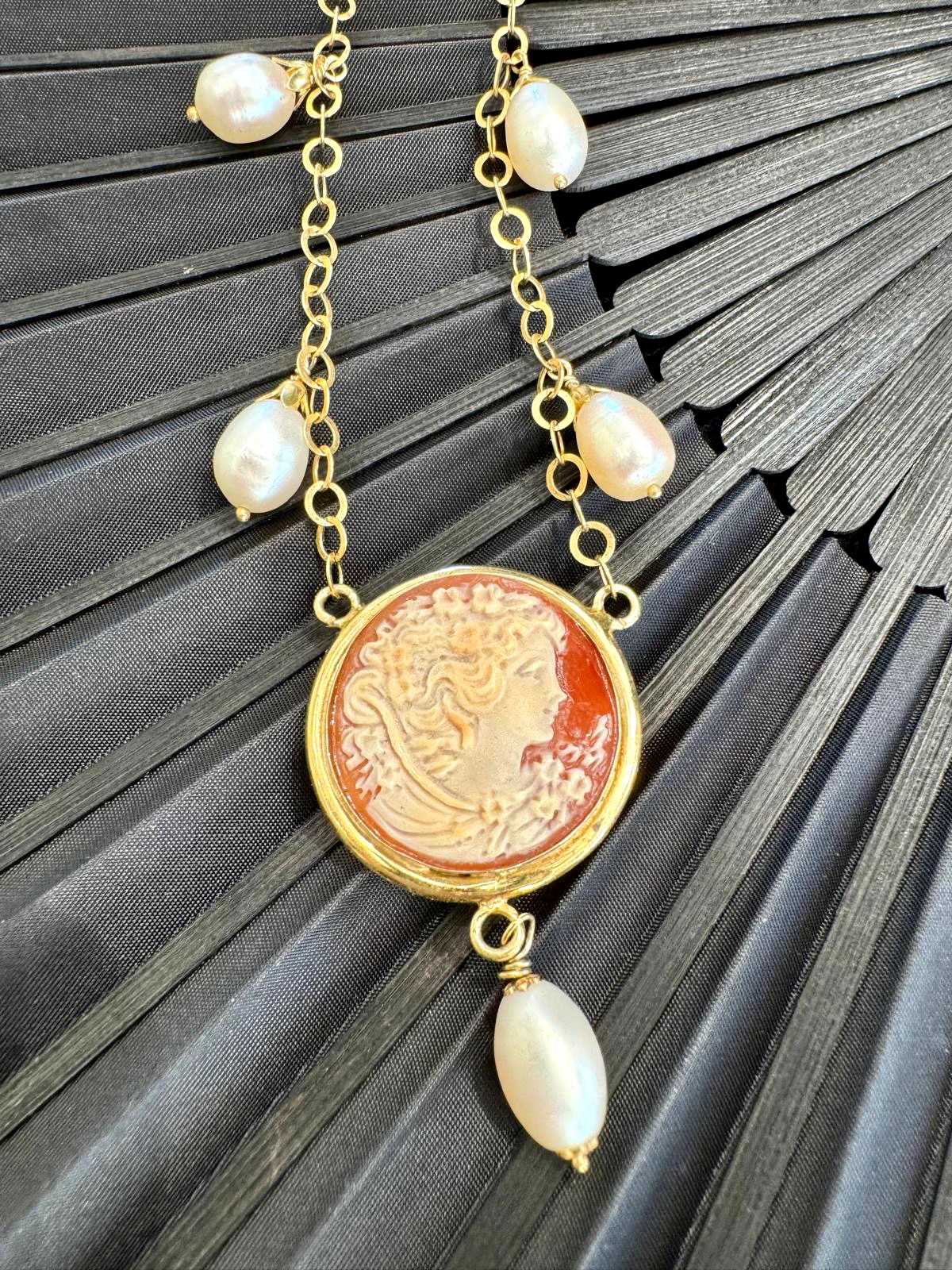 View of Handmade Italian Cameo Necklace with Pearls