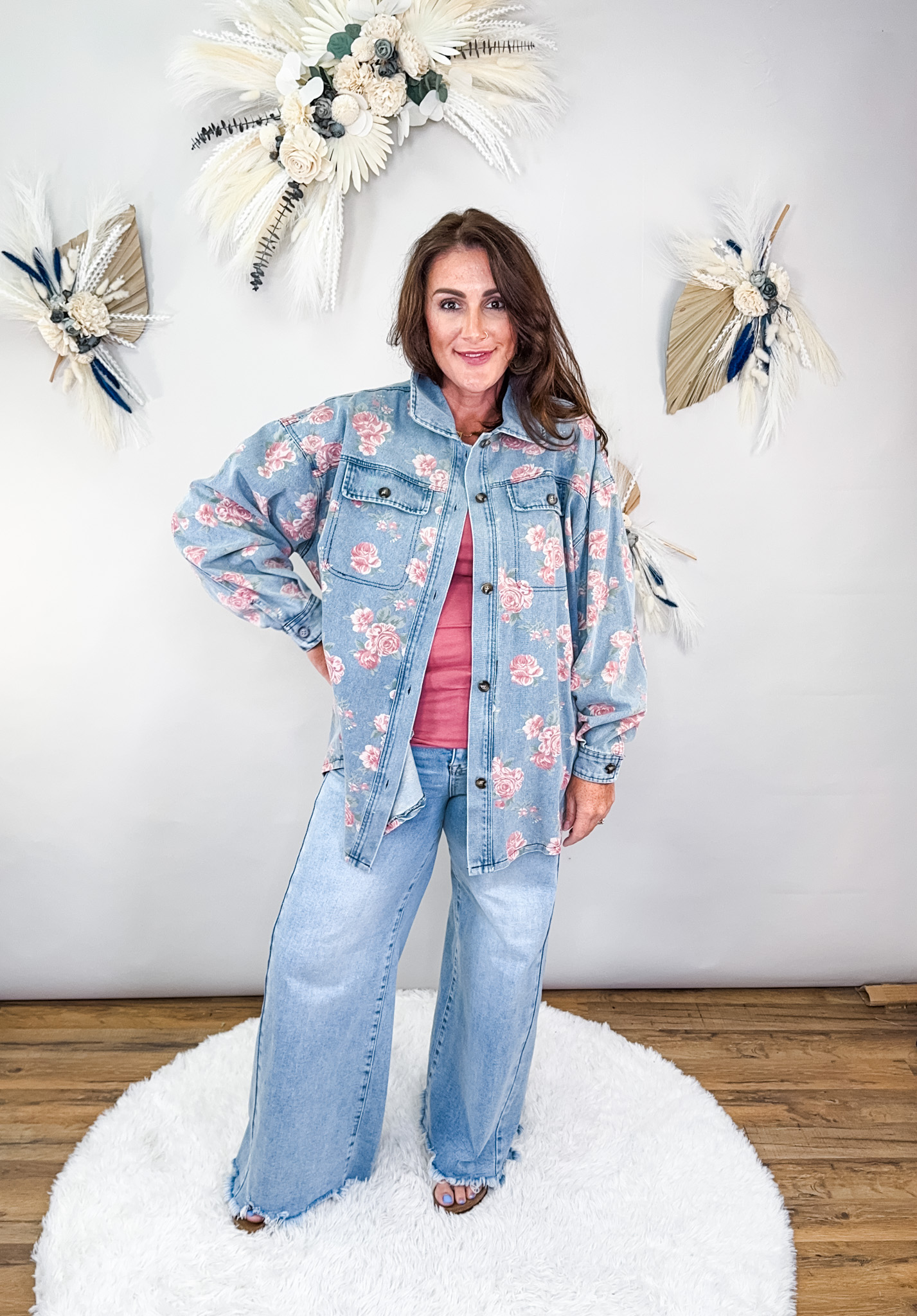 Floral Print Washed Denim Shacket gingham grace clothing