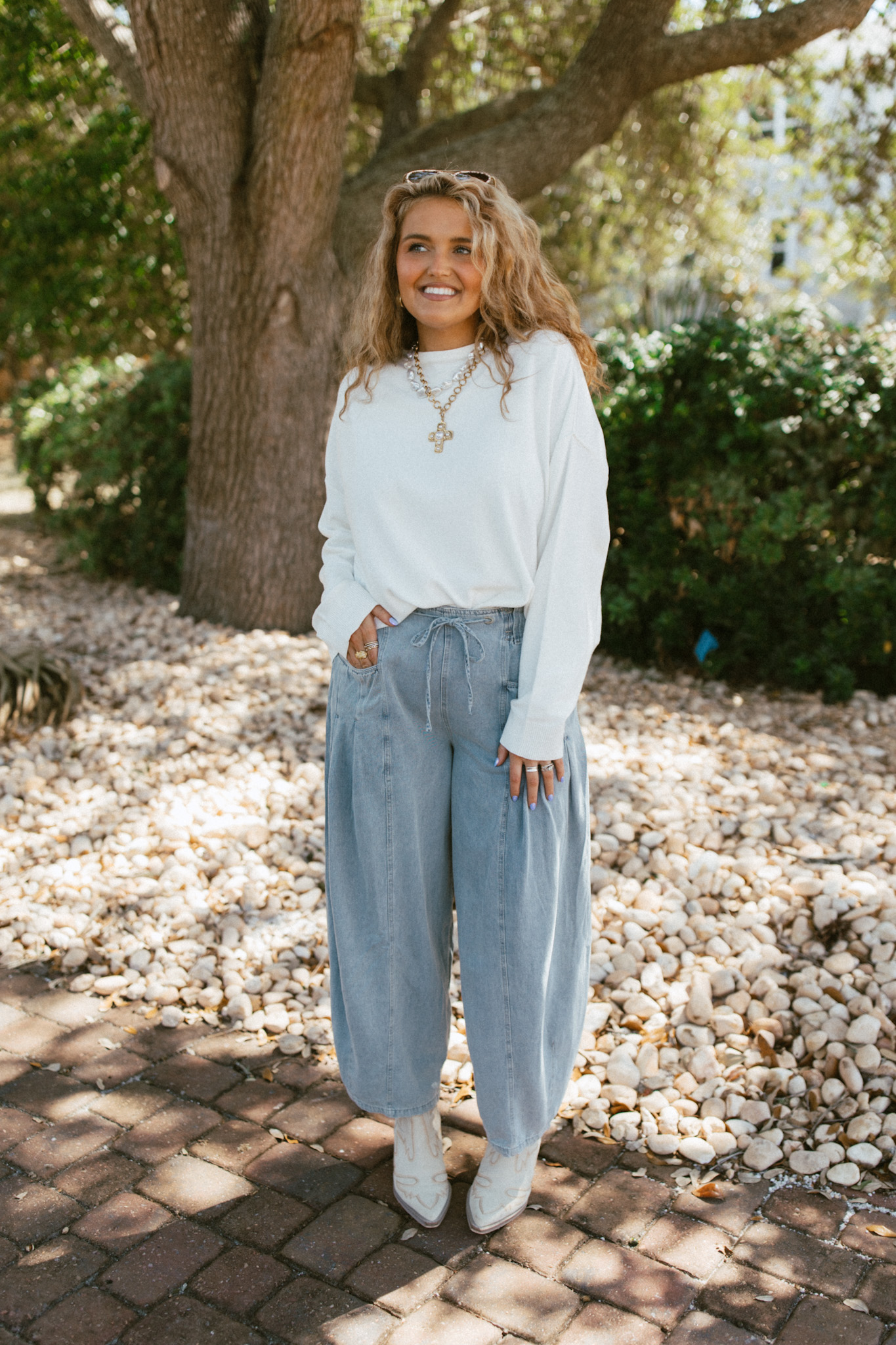 Entro Lt Blue Denim High Waist Pleated Ankle Length Balloon Pants