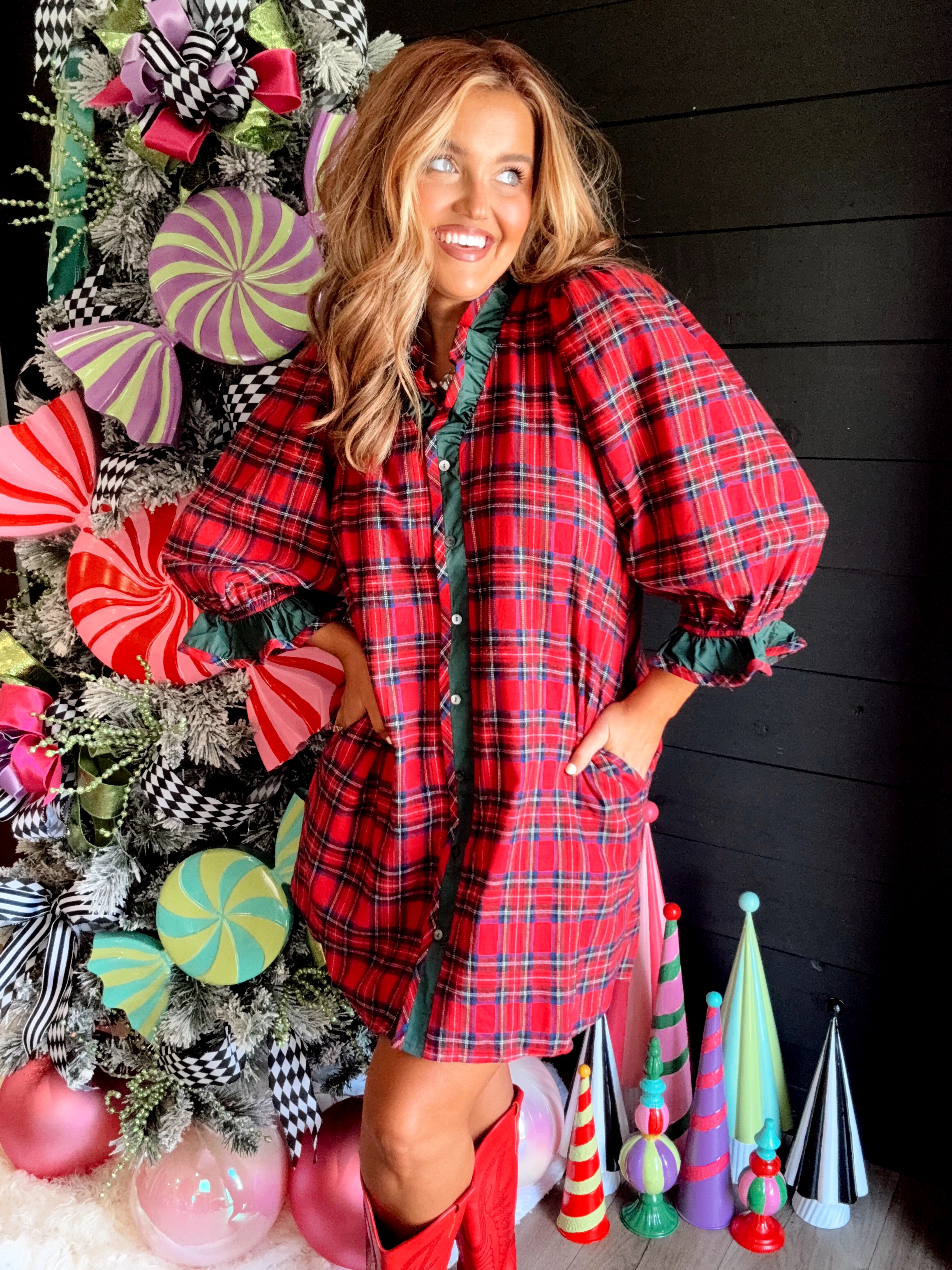 white christmas dresses Women's Wrapped in Cheer Navy Plaid Mini Dress | Size: L main image 1