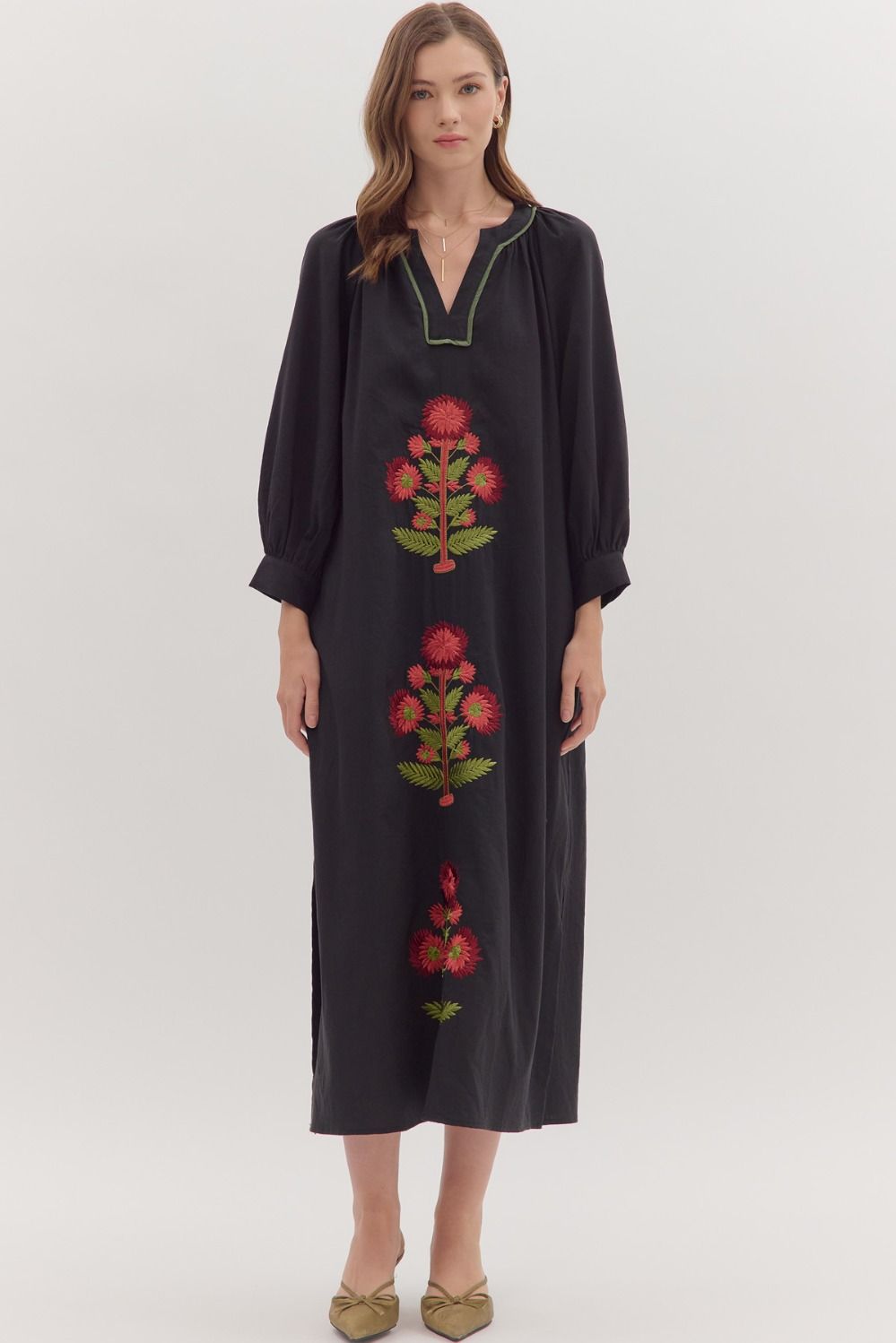 Entro Black Embroidered Floral Long Sleeve Maxi Dress