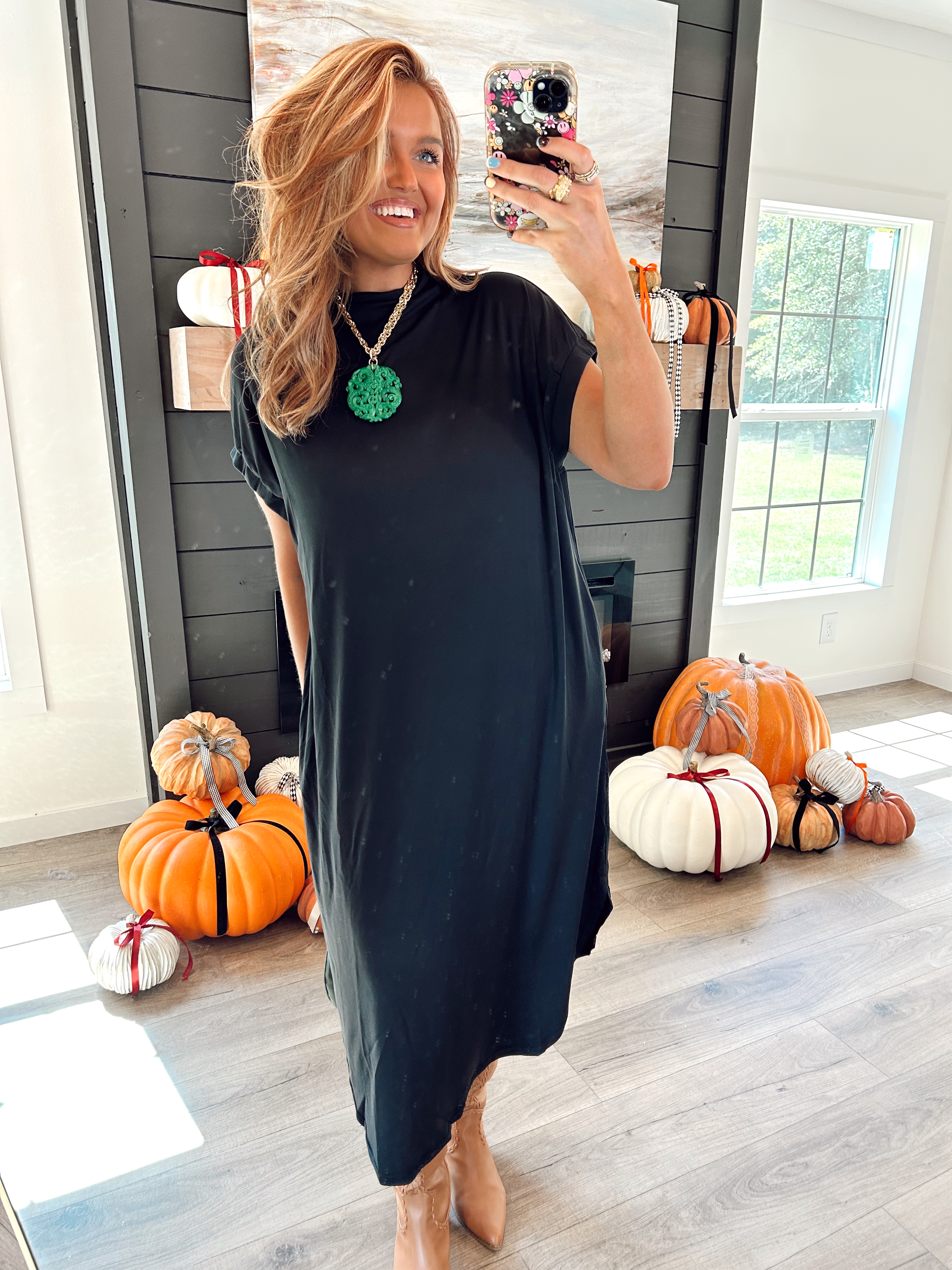 Entro Black Solid Short Sleeve Mock Neck Midi Dress | Fly Boutique