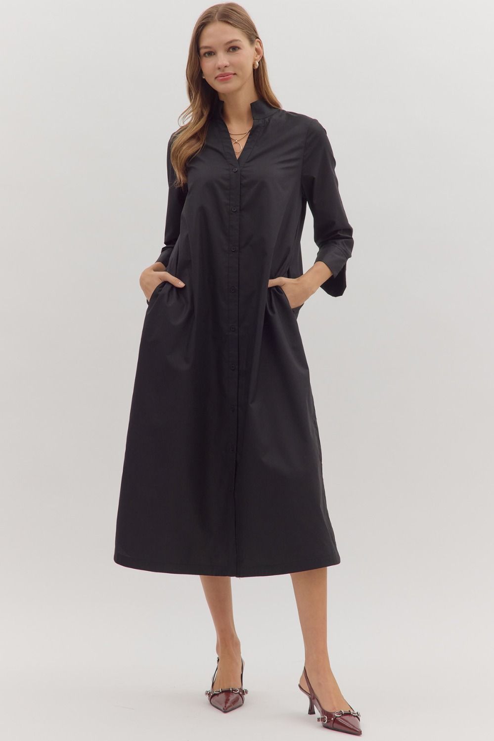 Entro Black Solid Long Sleeve Midi Dress | Fly Boutique