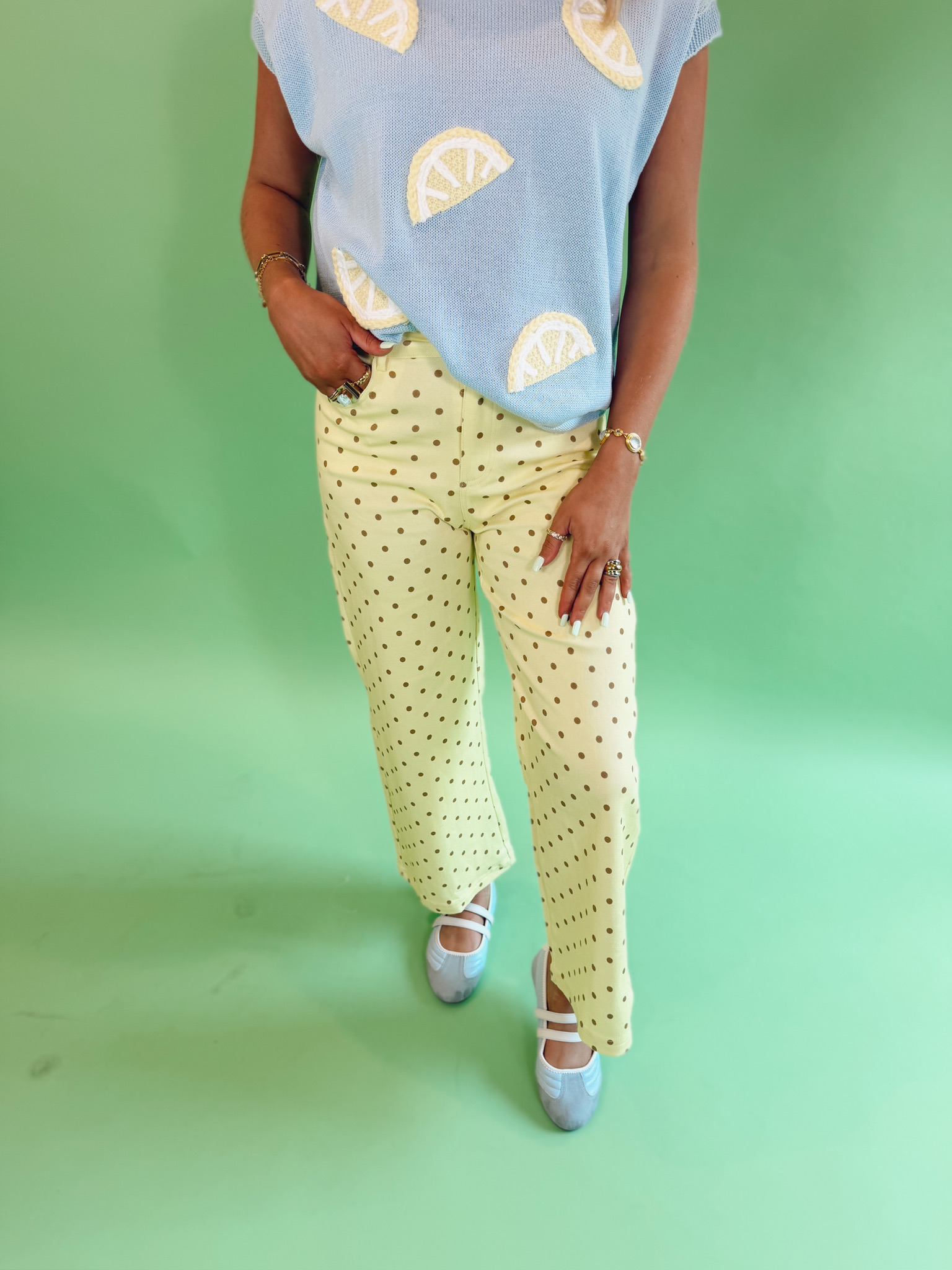 Entro Lemon Polka Dot Wide Leg Pants | Fly Boutique