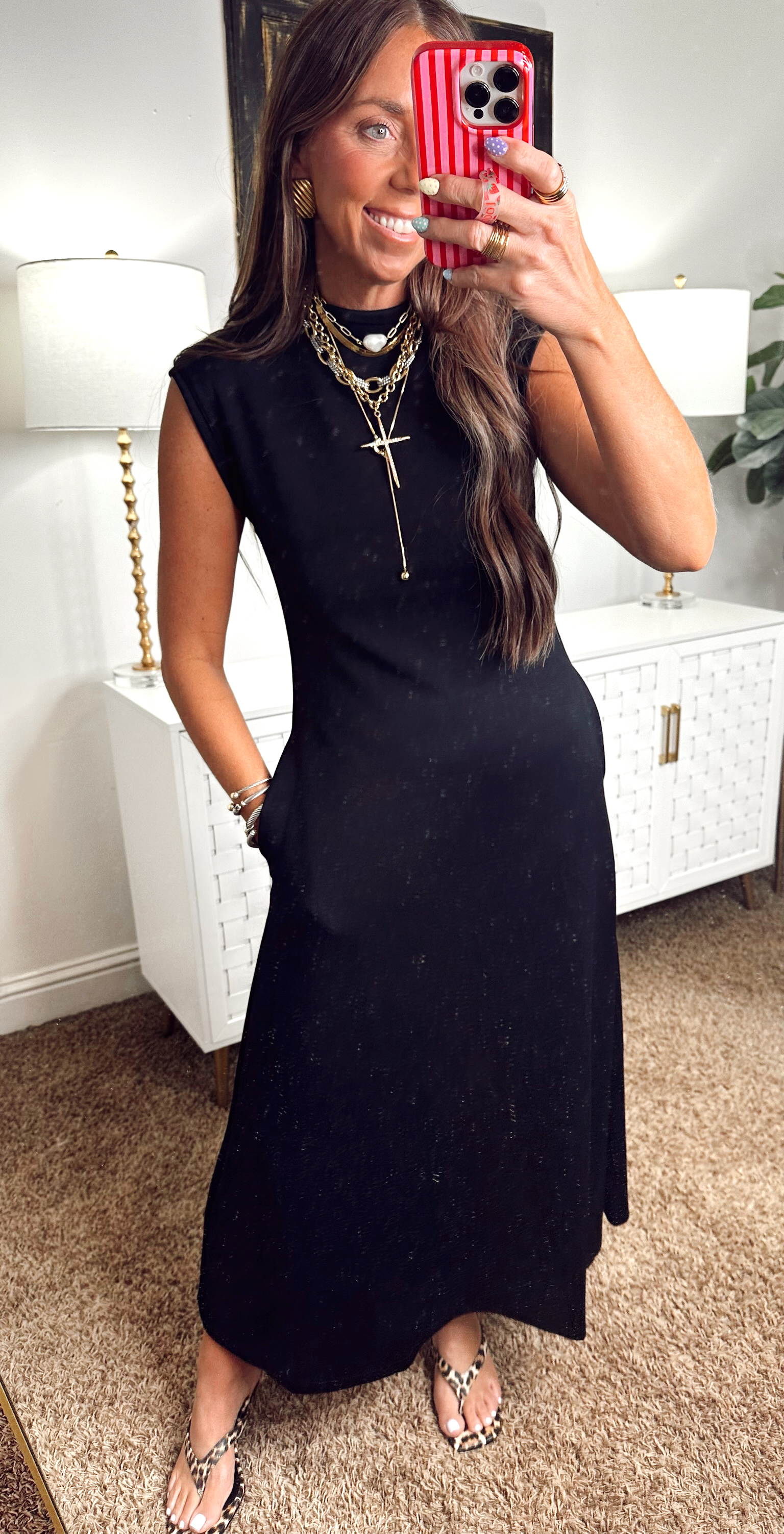 entro black dress Solid Cap Sleeve Mock Neck Midi stretchy lightweight cotton White contrast stitching Back zipper with hook and eye closure Side pockets 100% Cotton Lined Women's Entro Stark Differences Black