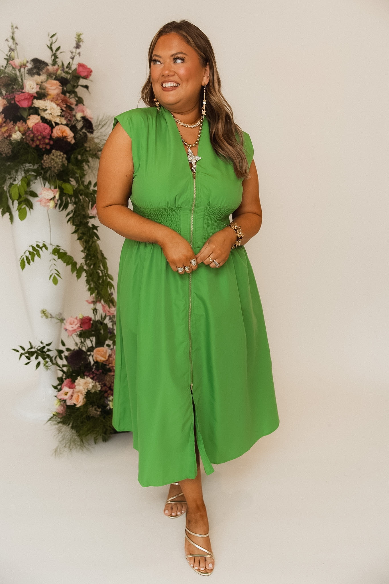 Entro Green Notch Neck Zipper Detail Midi Dress | Fly Boutique
