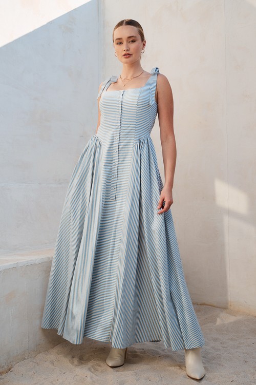 Blue Striped Basque Waist Maxi Dress | Fly Boutique Blue Striped Basque Waist Maxi Dress | Fly Boutique