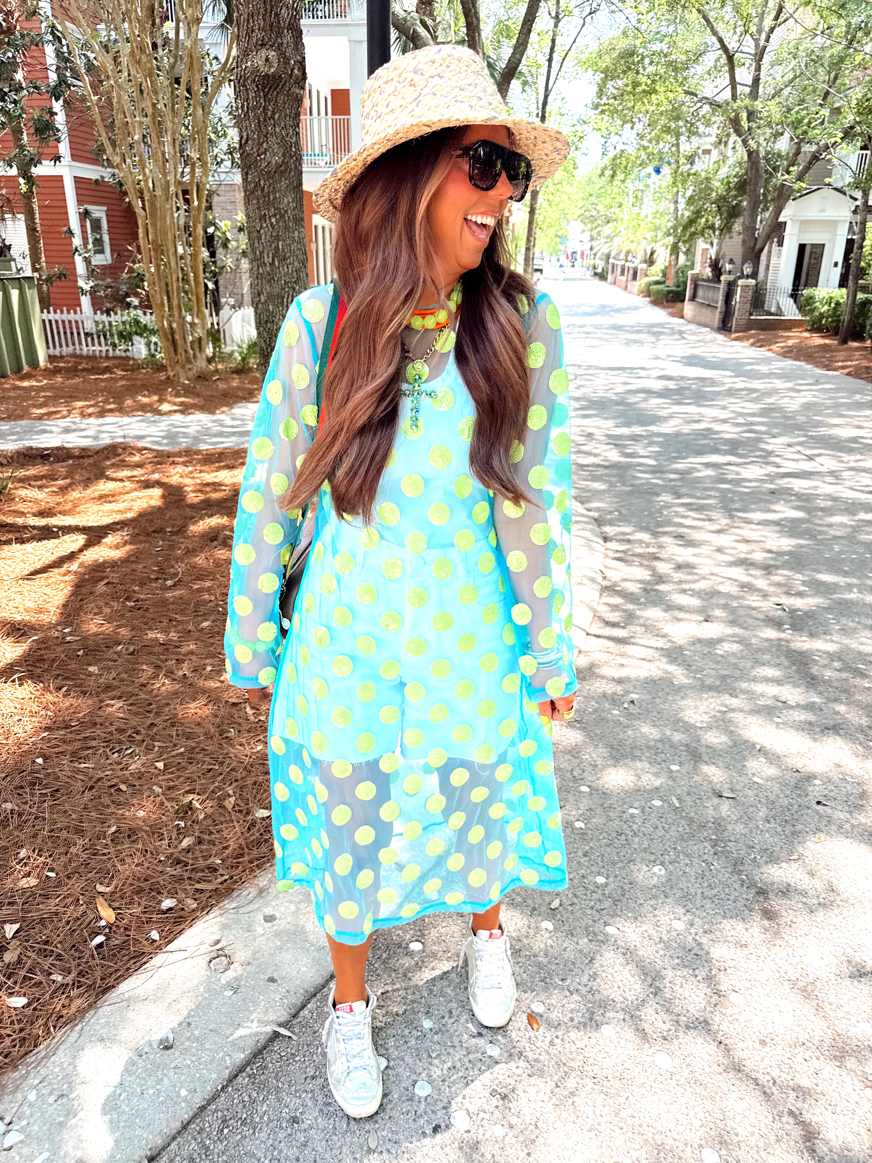neon green polka dot dress QOS Blue & Neon Green Polka Dot Sheer Coverup Midi Dress XL